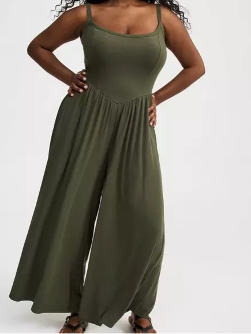 Olive Green Super Soft Rib Wide-Leg Jumpsuit